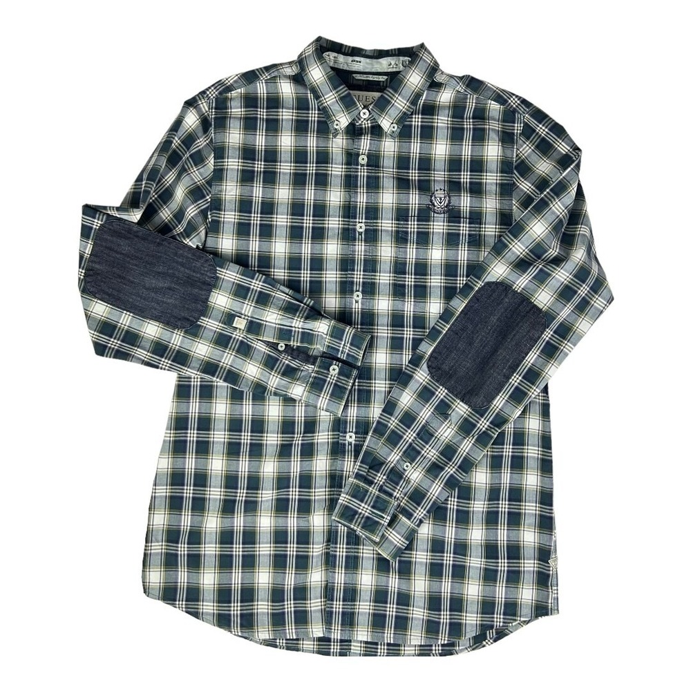 Guess Plaid Button Up Shirt Mens Large Green Navy Elbow Patch Grunge‎ Preppy